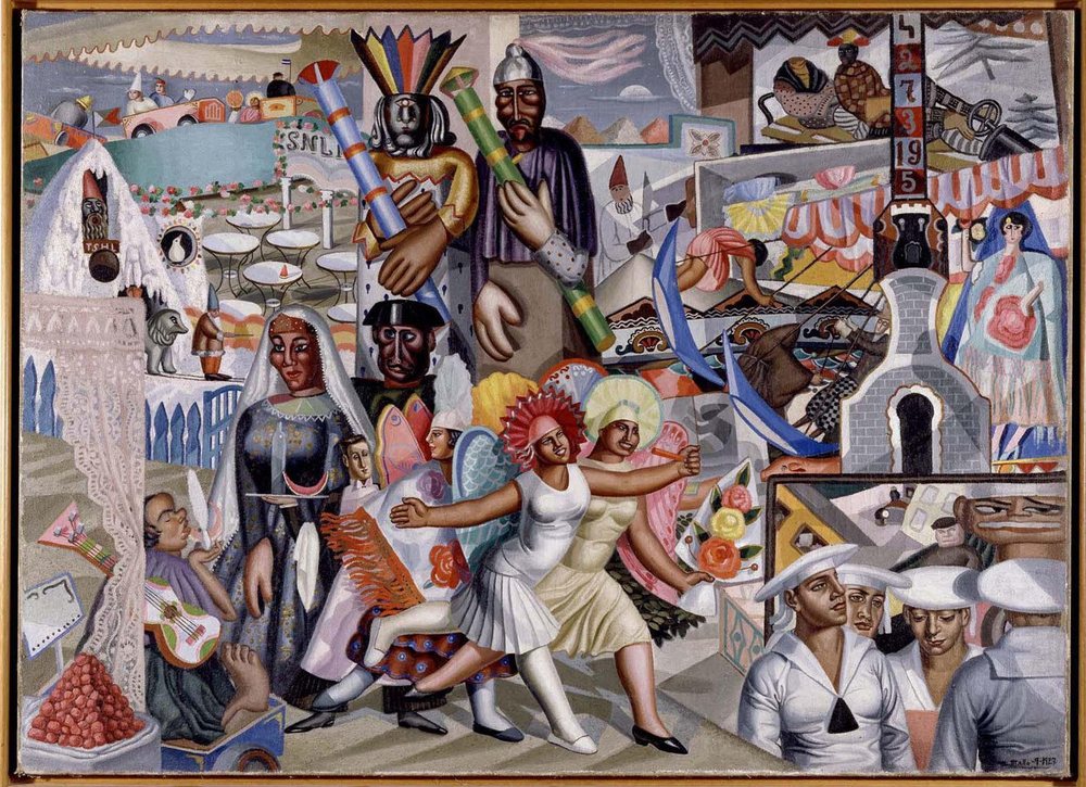 La verbena, óleo de Maruja Mallo: escena festiva y abigarrada de una verbena popular madrileña