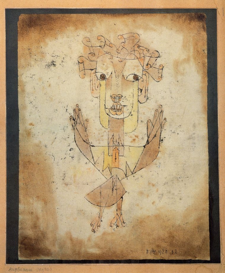 Angelus Novus, monotipo de Paul Klee: figura de ángel de rasgos esquemáticos con las alas desplegadas